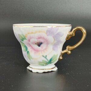 Vintage White Pink Floral Porcelain Golden Rim Footed Tea Cup With Handle